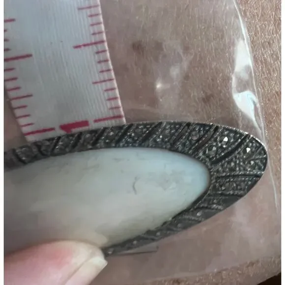 Vintage Sterling Silver 925 Marcasite Brooch with Mother of Pearl 2.75” Oval Pin - Picture 8 of 9